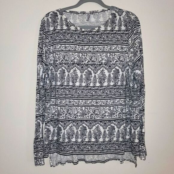 NEW DIRECTIONS WEEDEND BLACK & WHITE PAISLEY BOH PRINT CREWNECK LONGSLEEVE 1X - Picture 1 of 6